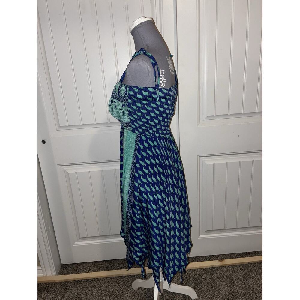 Tempol Silk Midi Dress Navy Teal Mixed Block Print Smocked Boho Chic Festival - Picture 2 of 7